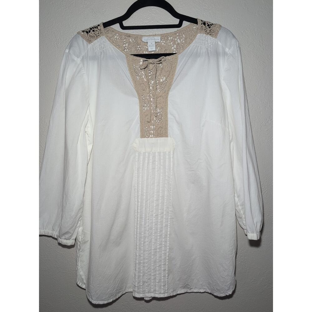 Charter Club White Tan Crochet Tunic Blouse Lightweight 3/4 Sleeve Pleats 12‎